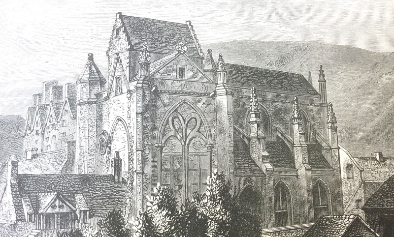 An engraving of a medieval church with pointed windows, high walls, flying buttresses and many gables.