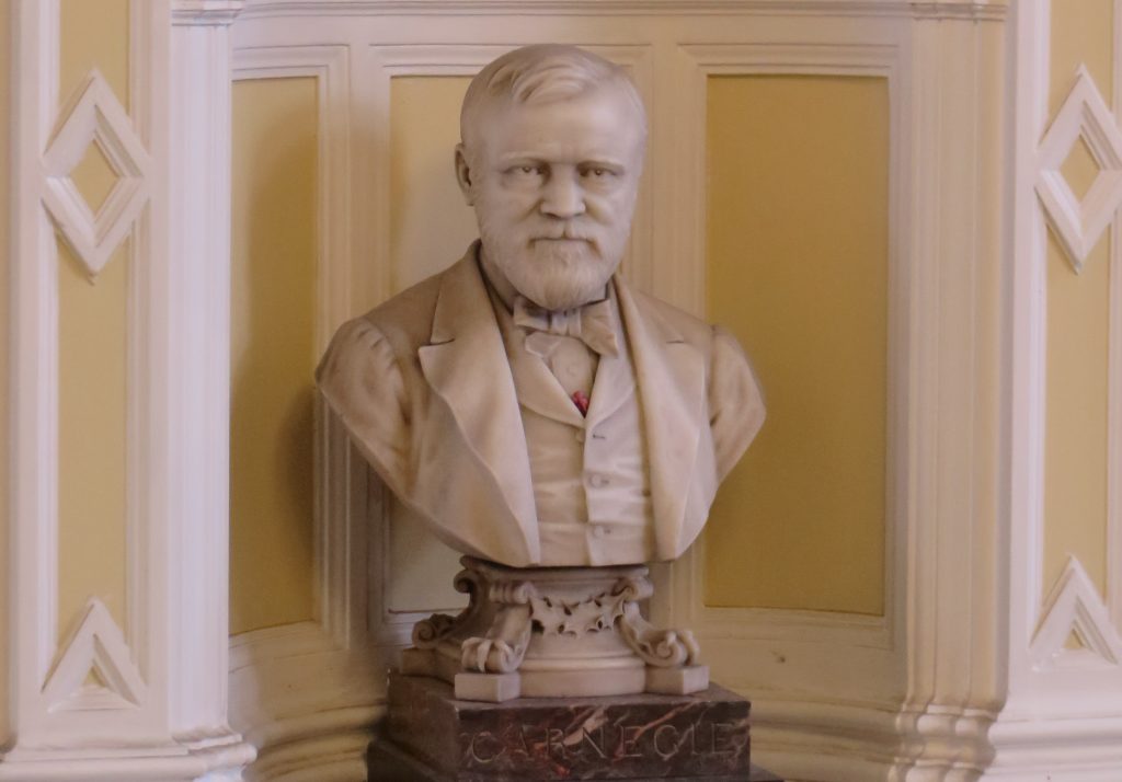 A marble bust of Andrew Carnegie