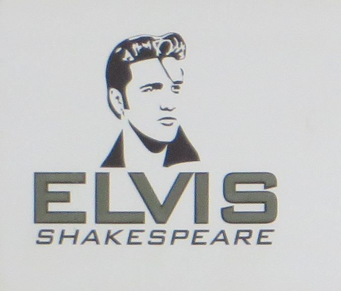 A black and white illustration of Elvis Presley. Below it says Elvis Shakespeare