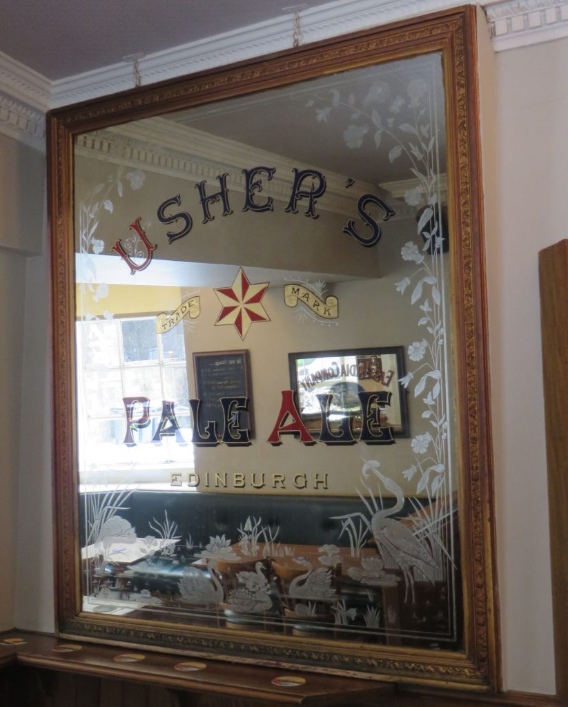 Large old brewery mirror with text saying Ushers Pale Ale Edinburgh